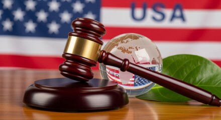 Gavel and globe on desk with united states flag in background