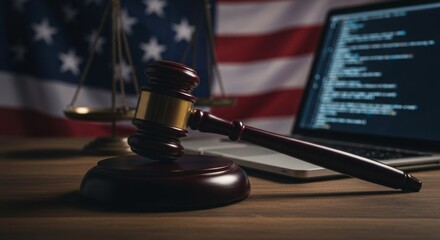 Gavel and laptop with justice scales and american flag symbolizing digital law and legal technology