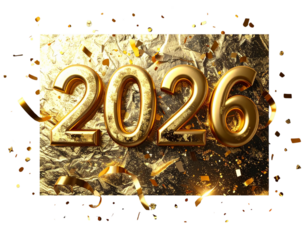 Luxury 2026 New Year’s Eve Invitation with Gold Foil Script and Confetti Accents, Portrait Layout, Transparent Background 