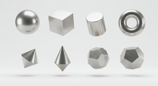 Collection of metallic three dimensional geometric solids suspended in the air