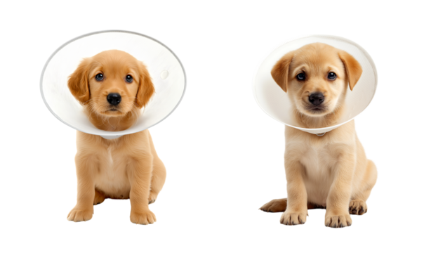 Two adorable golden retriever puppies in Cones of Shame: Pet Recovery and Veterinary Care isolated on a transparent background