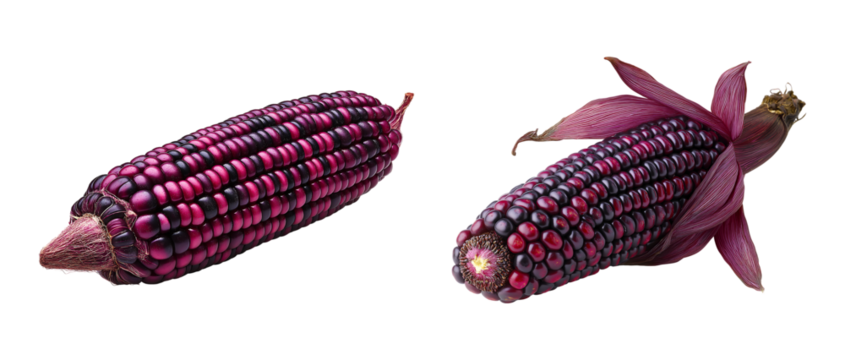 Exotic purple waxy corn cob isolated on a transparent background