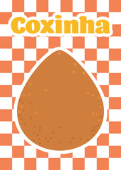 Coxinha diner style banner illustration portuguese text. Cartoon vector chicken croquette street food