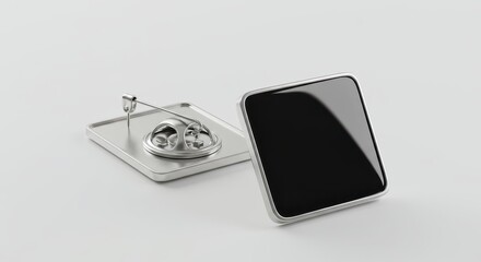 Square metal blank badge component resting beside its backing fastener mechanism