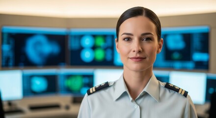 Confident female officer in control room with advanced technology displays