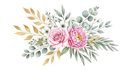 Fototapeta premium Elegant Watercolor Floral Arrangement with Roses, Peonies and Golden Leaves