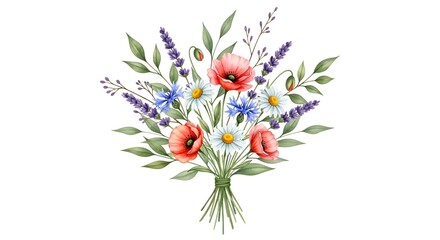 Watercolor bouquet of wild flowers with poppies, daisies and lavender isolated