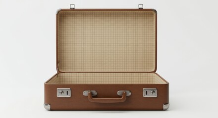 Vintage style brown suitcase opens to reveal checkered interior lining