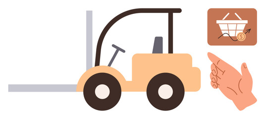 Forklift positioned near a rising graph with a shopping basket and pointing hand. Ideal for logistics, supply chain, e-commerce, financial growth, warehouse management, online shopping, simple flat