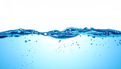 洗浄や美容の潤いイメージ　白背景に青く透き通った水の波と気泡が美しい清涼感あふれる背景
