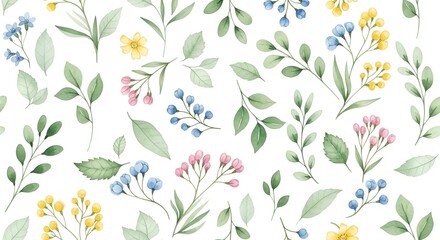 Watercolor floral pattern with delicate flowers and foliage for various designs