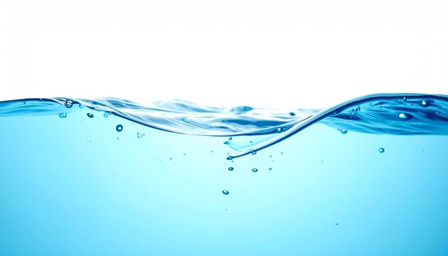 洗浄や美容の潤いイメージ　白背景に青く透き通った水の波と気泡が美しい清涼感あふれる背景