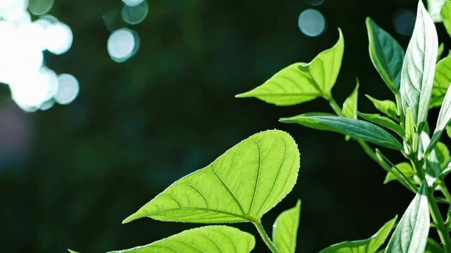 Close-up video of sunlit green leaves with a bokeh background, captured from a low angle, emphasizing nature's tranquility and freshness.