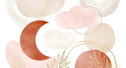 Abstract watercolor illustration featuring moon, clouds, and geometric shapes