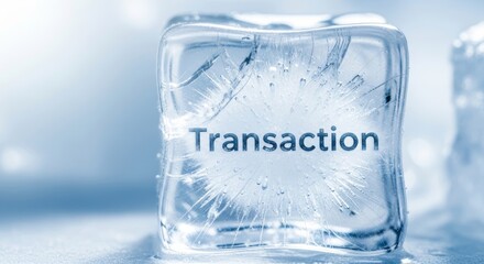 Frozen financial transaction concept in ice cube with crystal clarity