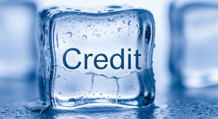 Frozen credit concept: ice cube financial symbol with text on wet surface
