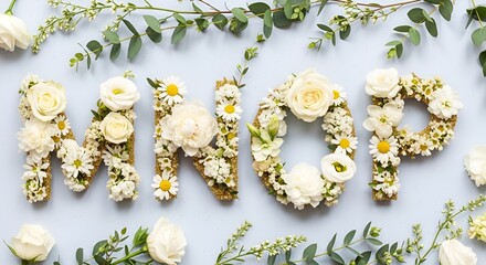 Floral Typography: M, N, O, P Letters Crafted from White Flowers and Greenery on Blue