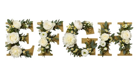 Elegant floral letters E, F, G, and H, adorned with white roses and gold glitter
