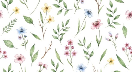 Watercolor Floral Pattern with Delicate Spring Flowers and Green Leaves Design