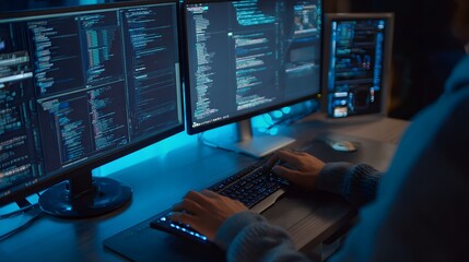 Individual works intensely on complex programming code displayed across multiple monitors in a dimly lit setting
