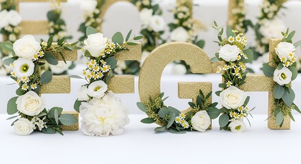 Elegant golden alphabet letters decorated with white roses and green leaves for celebrations