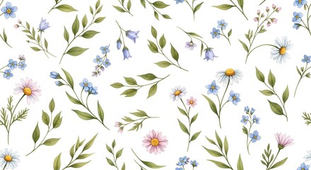 Seamless delicate floral pattern featuring watercolor wildflower designs on a white background