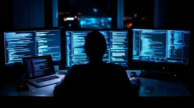 Professional programmer works late at night surrounded by multiple glowing computer screens displaying data.