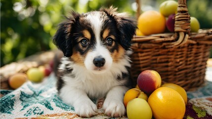 Fluffy young canine rests near a wicker basket filled with assorted fruits outdoors