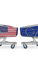 Us and eu trade tensions: shopping carts with flags highlight economic rivalry
