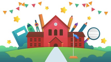 School building surrounded by supplies colorful cartoon style back to school education concept high quality professional - Powered by Adobe