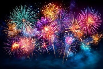 Colorful nighttime fireworks display exploding in vibrant colors against dark sky