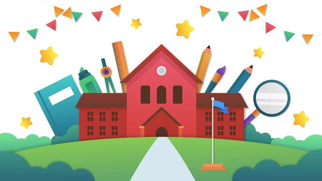 School building surrounded by supplies colorful cartoon style back to school education concept high quality professional