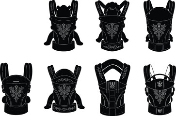 Baby carrier vector set, decorative babywearing silhouette, infant sling with pattern, parenting gear, ergonomic design, childcare accessory