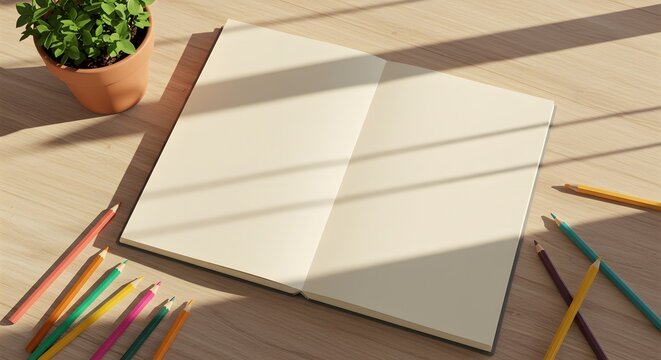 Open Sketchbook with Colored Pencils and Potted Plant on Wooden Desk