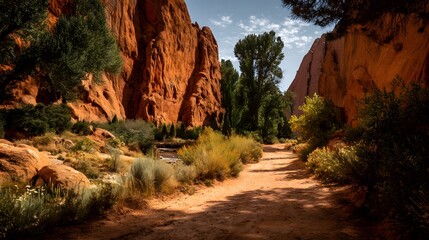 Sunlight illuminates a narrow dirt pathway winding between towering orange rock formations and lush desert vegetation.