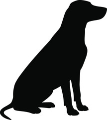 Black dog silhouette sitting, curled tail, relaxed posture, side view pet icon, minimal vector design, calm animal shape, loyalty, simplicity