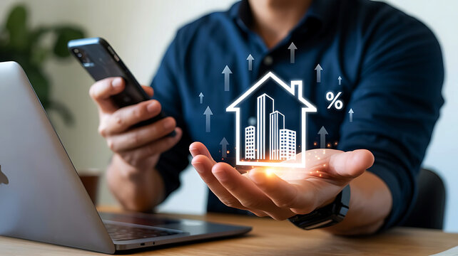 Real estate market growth concept with person holding digital house icon and upward arrows showing property value and interest rate increases