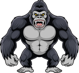 Cartoon muscular gorilla character, fierce expression, black and gray fur, clenched fists, aggressive stance, vector illustration, strong animal, mascot design