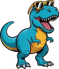 Cartoon T-rex wearing sunglasses, blue dinosaur character, funny prehistoric animal, cool reptile illustration, vector art, children’s design, playful pose