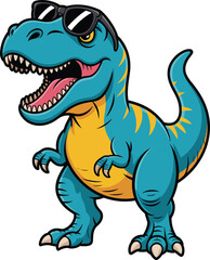 Cartoon T-rex with black sunglasses, blue dinosaur character, funny prehistoric reptile, vector illustration, children’s design, playful pose, roaring expression