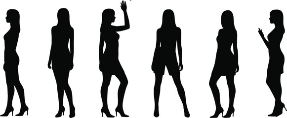 Female silhouette poses, black fashion figures, standing woman shapes, high heel posture, short dress design, vector illustration, elegance, style, minimal art