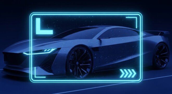 Futuristic blue sports car hologram with sci-fi design and digital hud interface