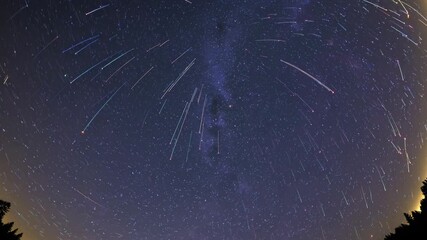 Time-lapse video of star trails in a night sky, captured with a wide-angle lens. - Powered by Adobe