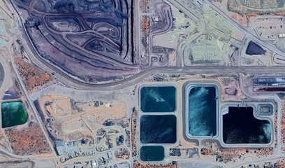 Olympic Dam Mine, Australia: High-Resolution Aerial View of Industrial Complex and Colored Tailings Dams in the Outback © Aerial View