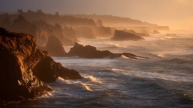 Rugged coastal cliffs meet crashing ocean waves during a golden hour sunset