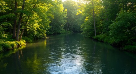 Serene Forest River at Golden Hour with Lush Green Trees and Sunlight Reflections