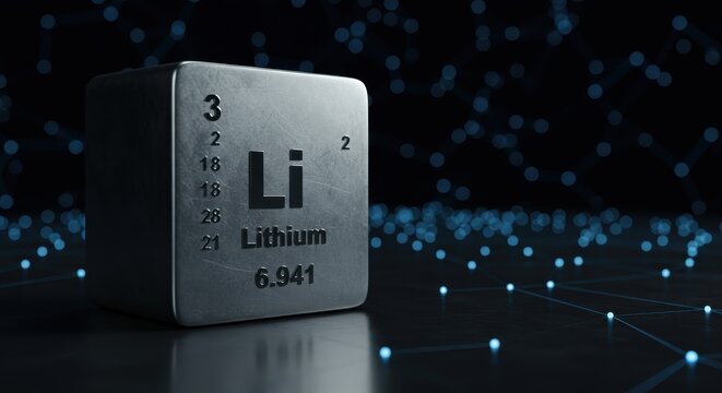 Metallic cube displaying chemical element data rests on a reflective surface against a dark background with digital light connections. - Powered by Adobe