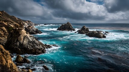 Obraz premium Rugged coastline features large rock formations battered by vibrant turquoise ocean waves under a dramatic sky