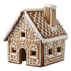 Decorated Gingerbread House with Intricate Icing Details on Transparent Background for Christmas Holiday Designs