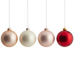 Four Colorful Christmas Ornaments Hanging on Transparent Background with Delicate Strings